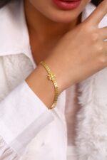 Taş Detaylı Yuvarlak Plaka Altın Kaplama Zarif Bileklik - Görsel 5