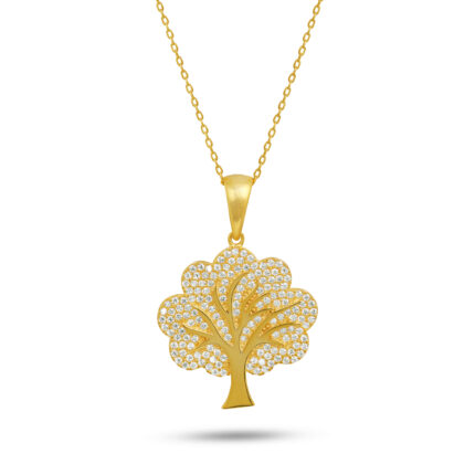 Ağaç Figürü Taş İşlemeli Altın Kaplama Gümüş Kolye