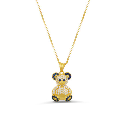 Taş İşlemeli Ayıcık Figürlü Altın Kaplama Gümüş Kolye