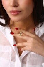 Renkli Taş İşlemeli Kelebek Altın Kaplama Gümüş Kolye - Görsel 2