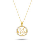 Kuş Silüeti Yuvarlak Taşlı Altın Kaplama Gümüş Kolye