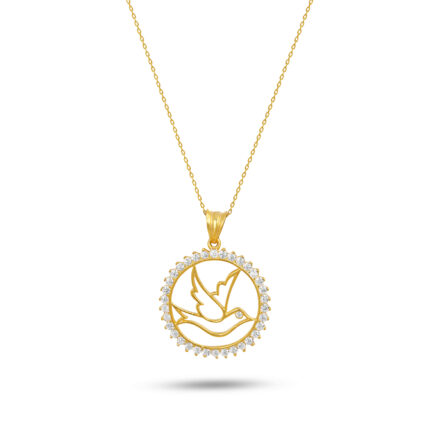 Kuş Silüeti Yuvarlak Taşlı Altın Kaplama Gümüş Kolye