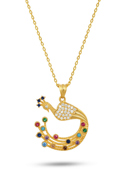 Tavus Kuşu Renkli Taş İşlemeli Altın Kaplama Gümüş Kolye