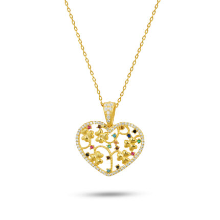 Renkli Taşlı Çiçek Motifli Kalp Altın Kaplama Gümüş Kolye