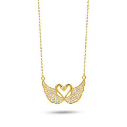 Taş İşlemeli Melek Kanadı Kalp Kolyesi