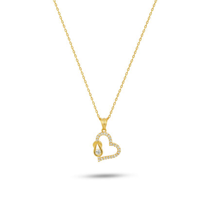 Taş İşlemeli Çift Kalp Detaylı Altın Kaplama Kolye