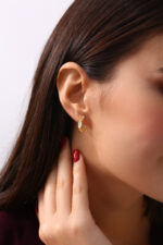 Oval Taş Detaylı Minimal Altın Kaplama Halka Küpe - Görsel 2