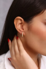 Taş Sıralı İnce Altın Kaplama Halka Küpe - Görsel 3