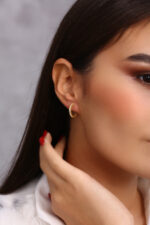 Taş Sıralı İnce Altın Kaplama Halka Küpe - Görsel 5