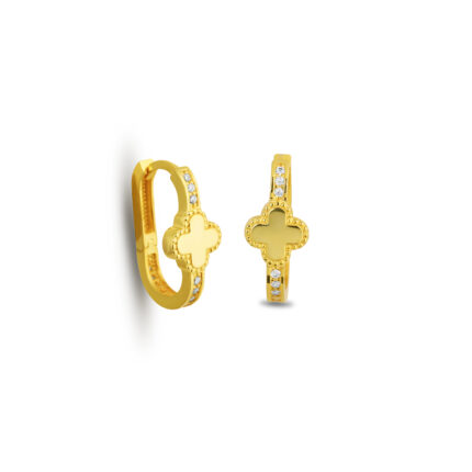 Dört Yaprak Detaylı Altın Kaplama Taşlı Halka Küpe