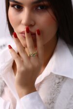 Yeşil Taşlı Taç Model Gold Kadın Yüzük - Görsel 5