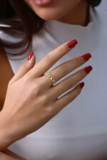 Baget ve Yuvarlak Taş Detaylı İnce Gold Yüzük - Görsel 3