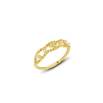 Baget ve Yuvarlak Taş Detaylı İnce Gold Yüzük