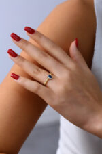 Mavi Damla Taşlı Zarif Gold Kadın Yüzük - Görsel 9